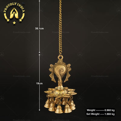 Brass Wall Hanging Sanghu Chakra 9 Wicks Diya With Bell
