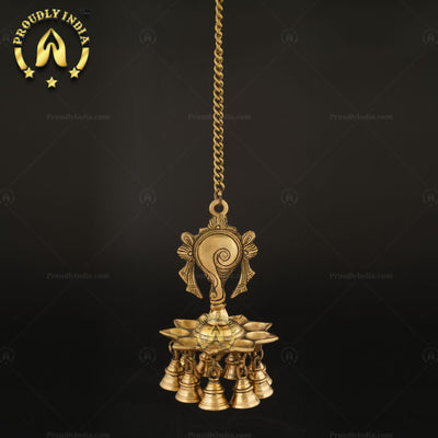 Brass Wall Hanging Sanghu Chakra 9 Wicks Diya With Bell