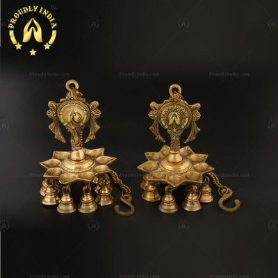 Brass Wall Hanging Sanghu Chakra 9 Wicks Diya With Bell