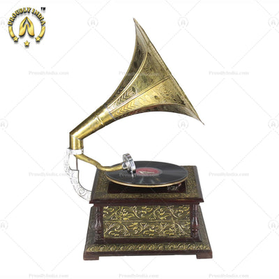 Vintage Music Player With Brass Engraved Horn