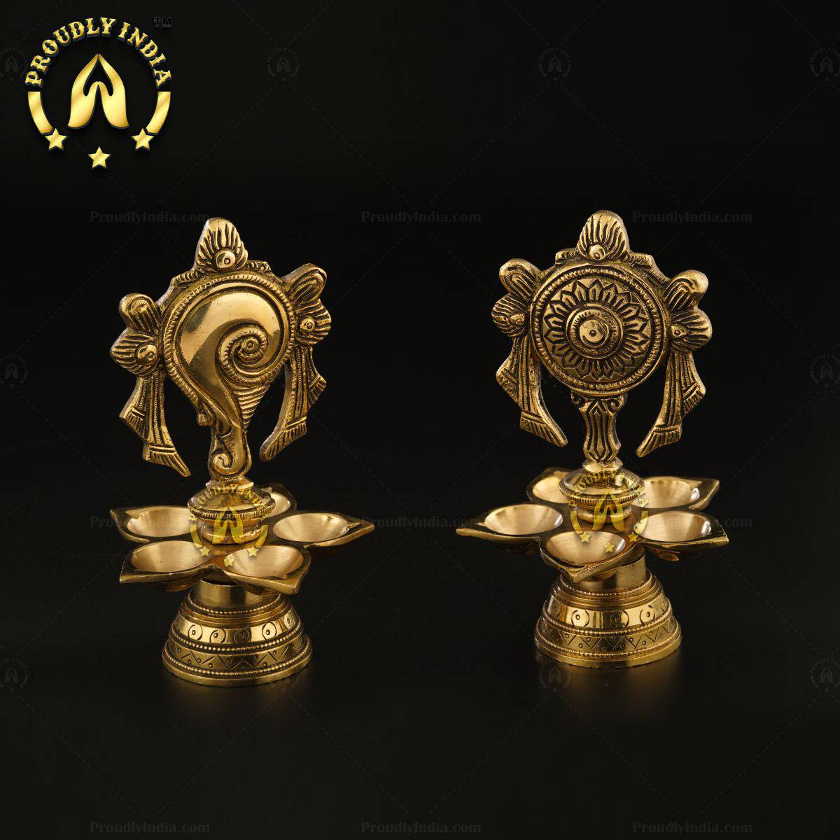 Set of 2 Brass Shank Chakra 5 Wicks Oil Lamp