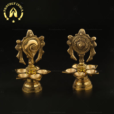 Set of 2 Brass Shank Chakra 5 Wicks Oil Lamp