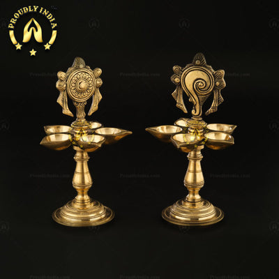 Set of 2 Brass Shank Chakra with 5 face Wick Diya
