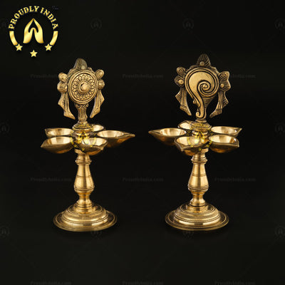 Set of 2 Brass Shank Chakra with 5 face Wick Diya