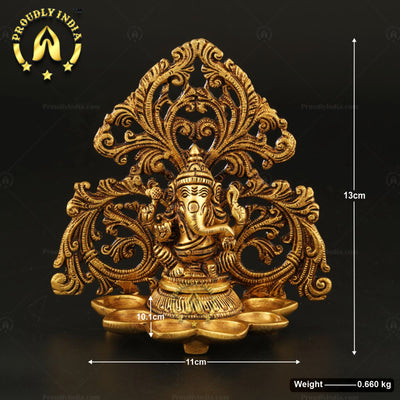 Traditional Lord Ganesha Brass Handcrafted Idol With 6 Diya Wicks