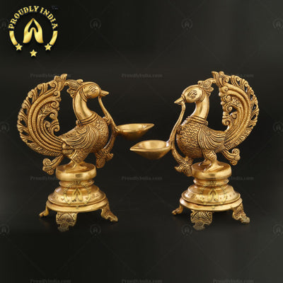 Traditional Brass Handmade Peacock Wick Puja Lamp