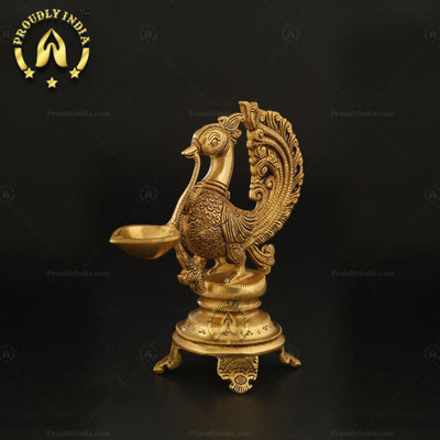 Traditional Brass Handmade Peacock Wick Puja Lamp