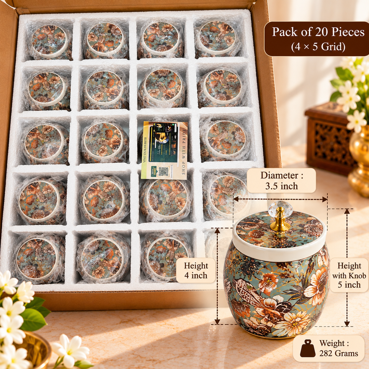 5" Green Floral Pichwai Jar ( Set of 20 )