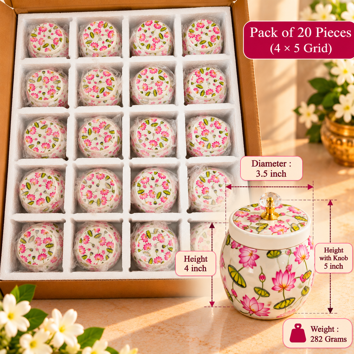 5" White Floral Pichwai Jar ( Set of 20 )
