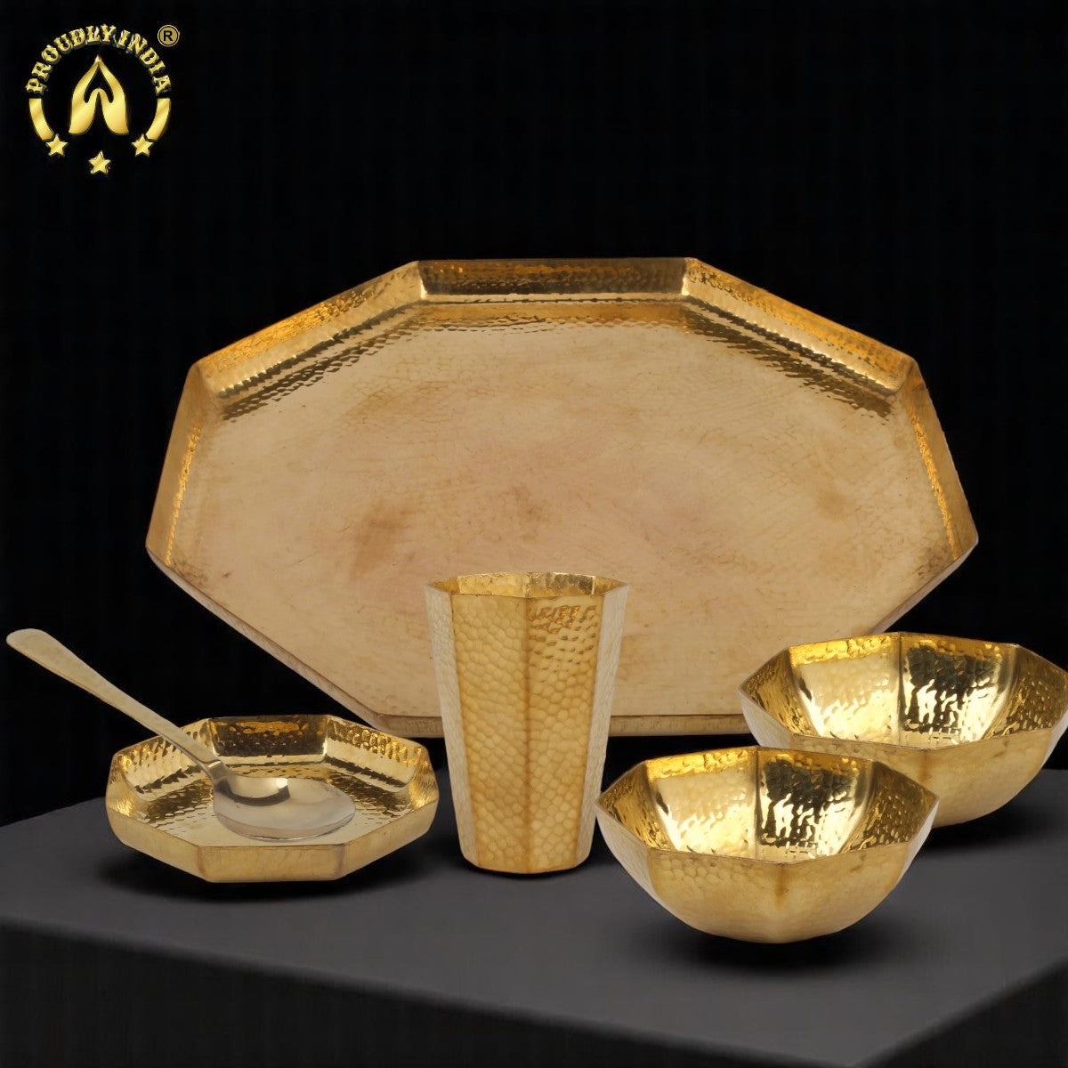 6 Piece Hexagon Brass Thali Set