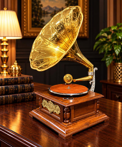 His MasterAntique Brass Design Gramophone Imperial Carved Wood