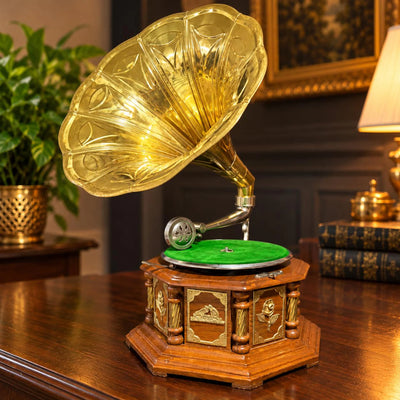 Retro Music Player Brass Embossed Design Gramophone With Horn