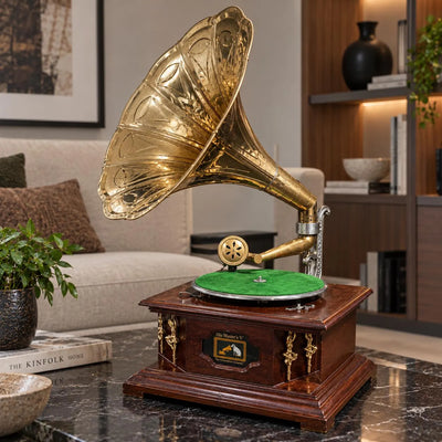 Vintage Music Player Brass Dancing Lady With Gold Horn