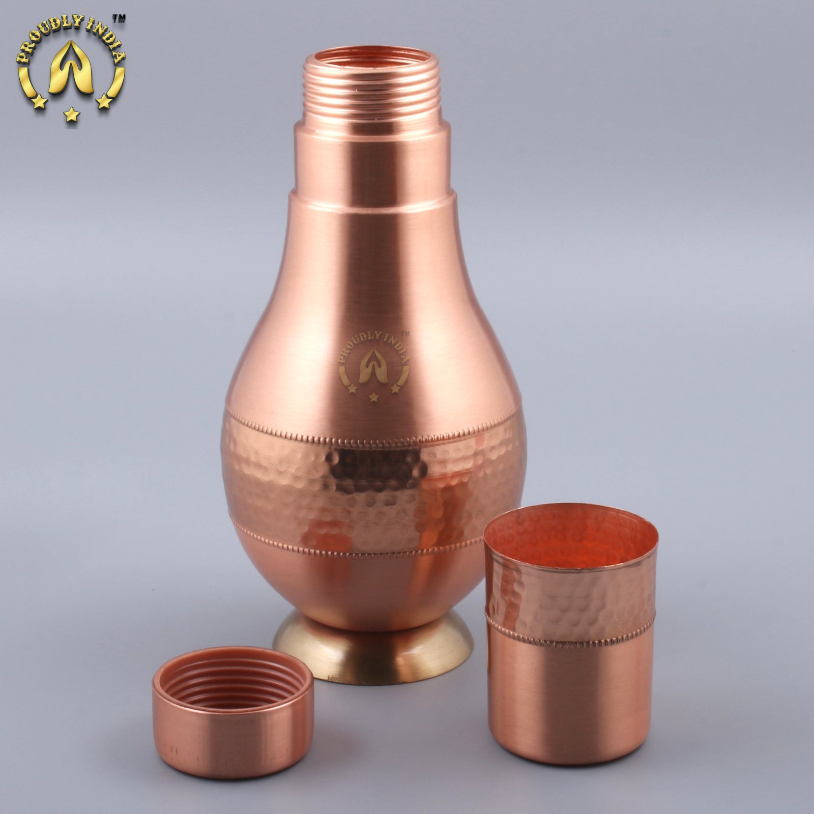 Copper Surahi Shape Bottle With Inbuilt Glass