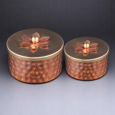 Set of 2 Copper Lotus Container With Brass Lid