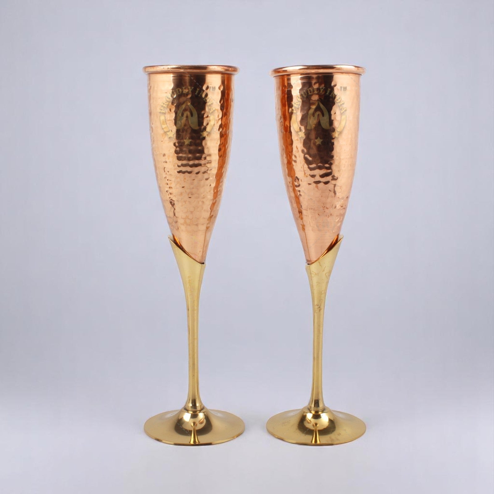 Set of 2 Pure Copper Wine Flutes Glasses With Brass Stand