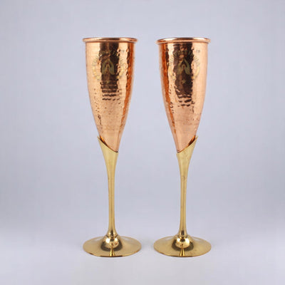 Set of 2 Pure Copper Wine Flutes Glasses With Brass Stand