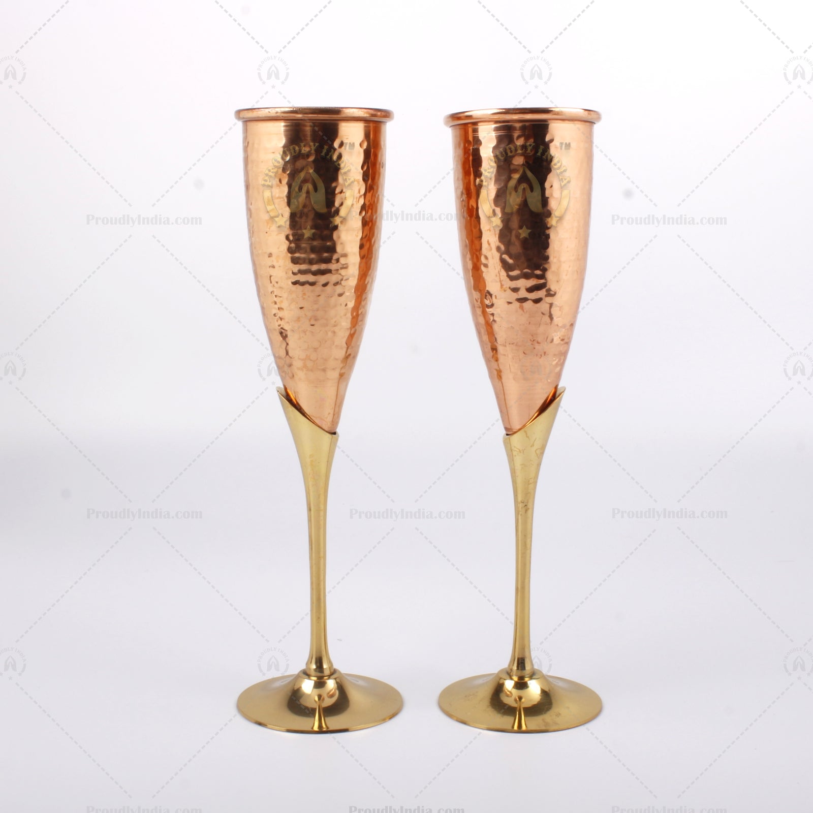 Set of 2 Pure Copper Wine Flutes Glasses With Brass Stand