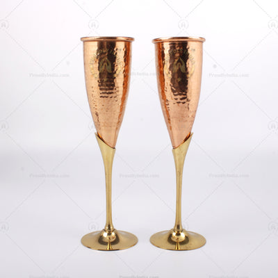 Set of 2 Pure Copper Wine Flutes Glasses With Brass Stand
