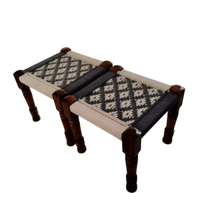 White and Black Rope Bench with Sitting Stools