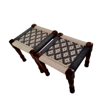 White and Black Rope Bench with Sitting Stools