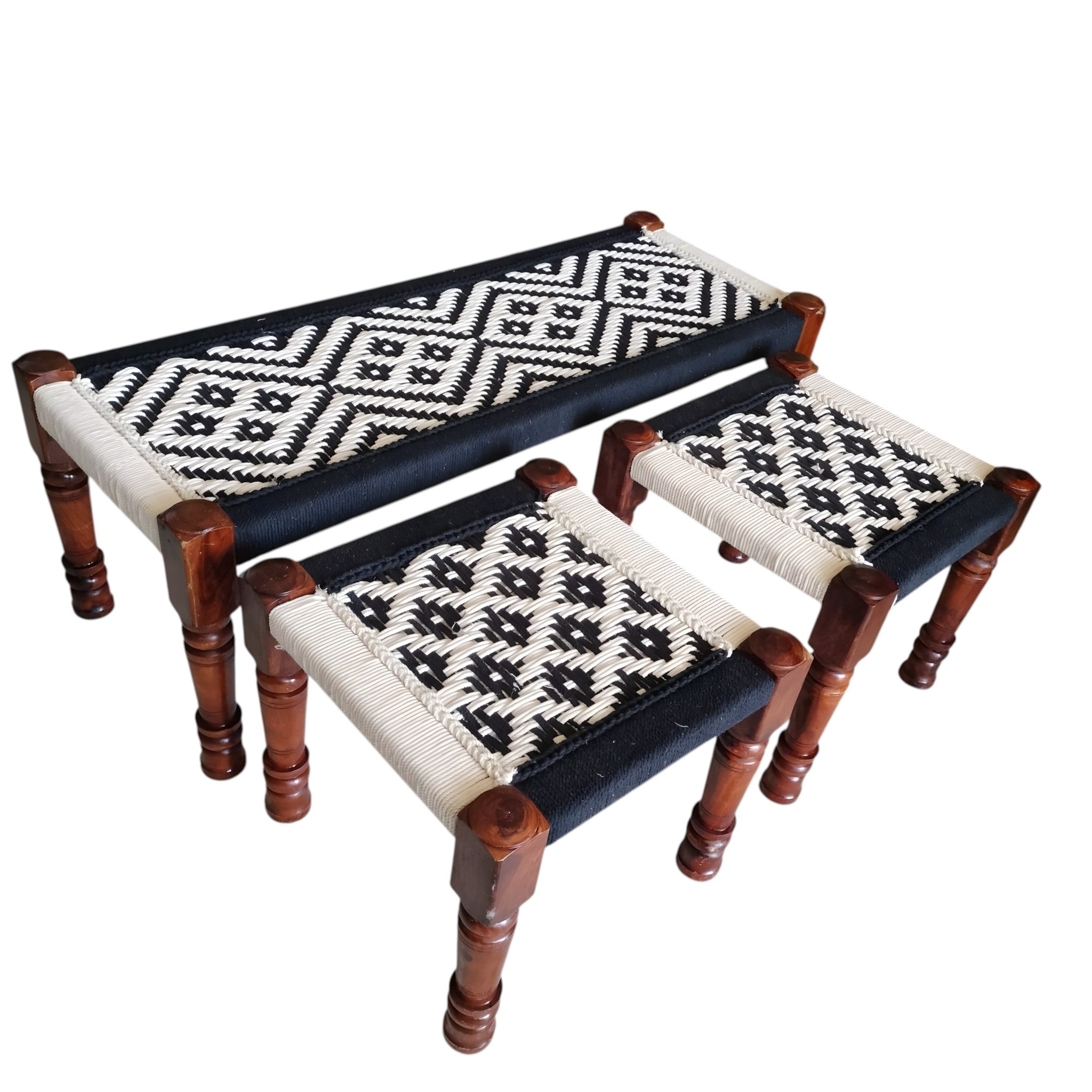 White and Black Rope Bench with Sitting Stools