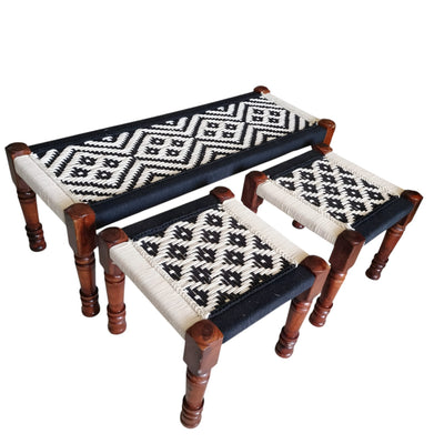 White and Black Rope Bench with Sitting Stools