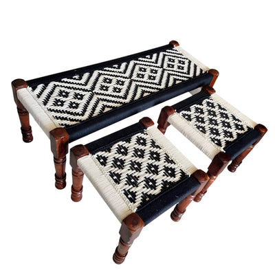 White and Black Rope Bench with Sitting Stools