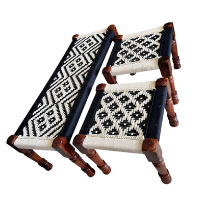 White and Black Rope Bench with Sitting Stools