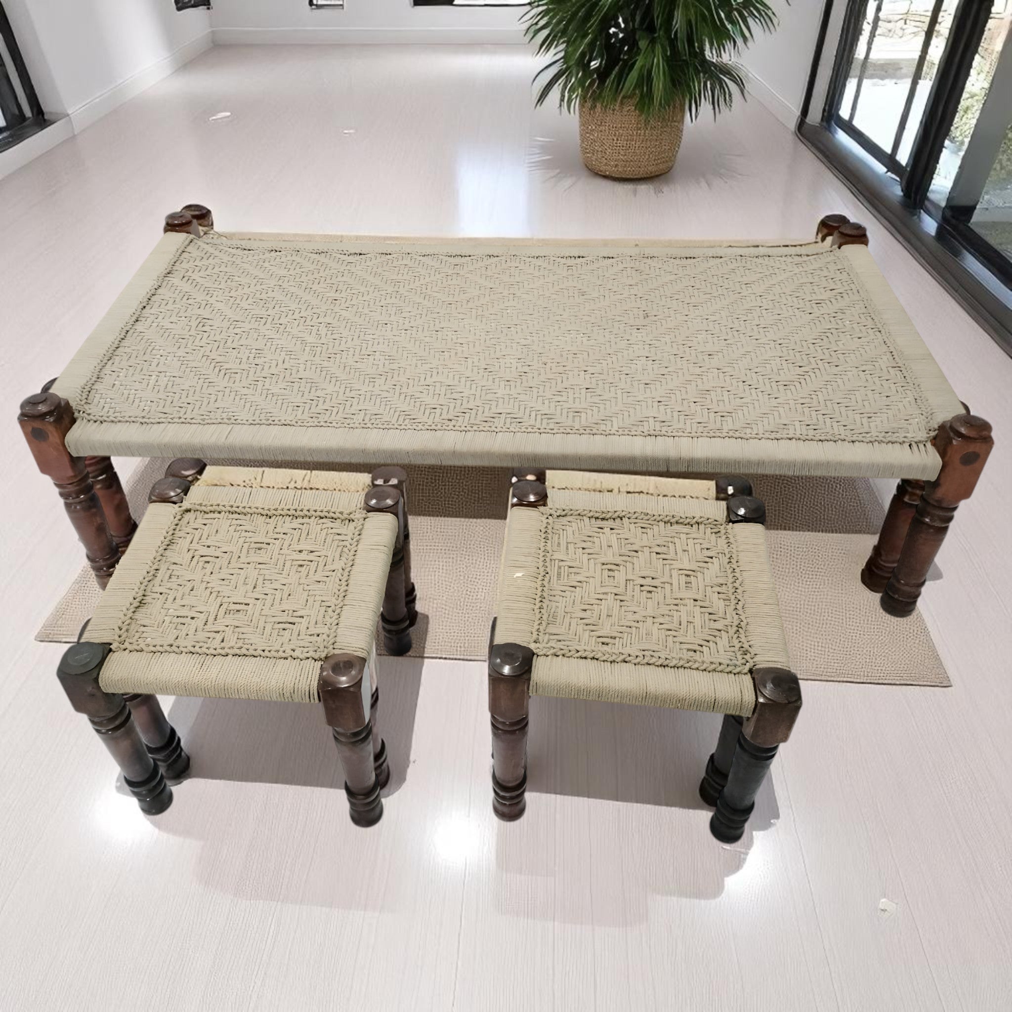 Handwoven Beige Rope Daybed with Sitting Stools