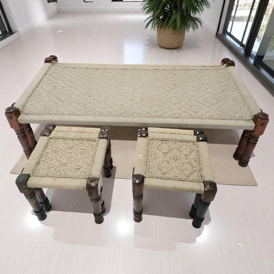 Handwoven Beige Rope Daybed with Sitting Stools
