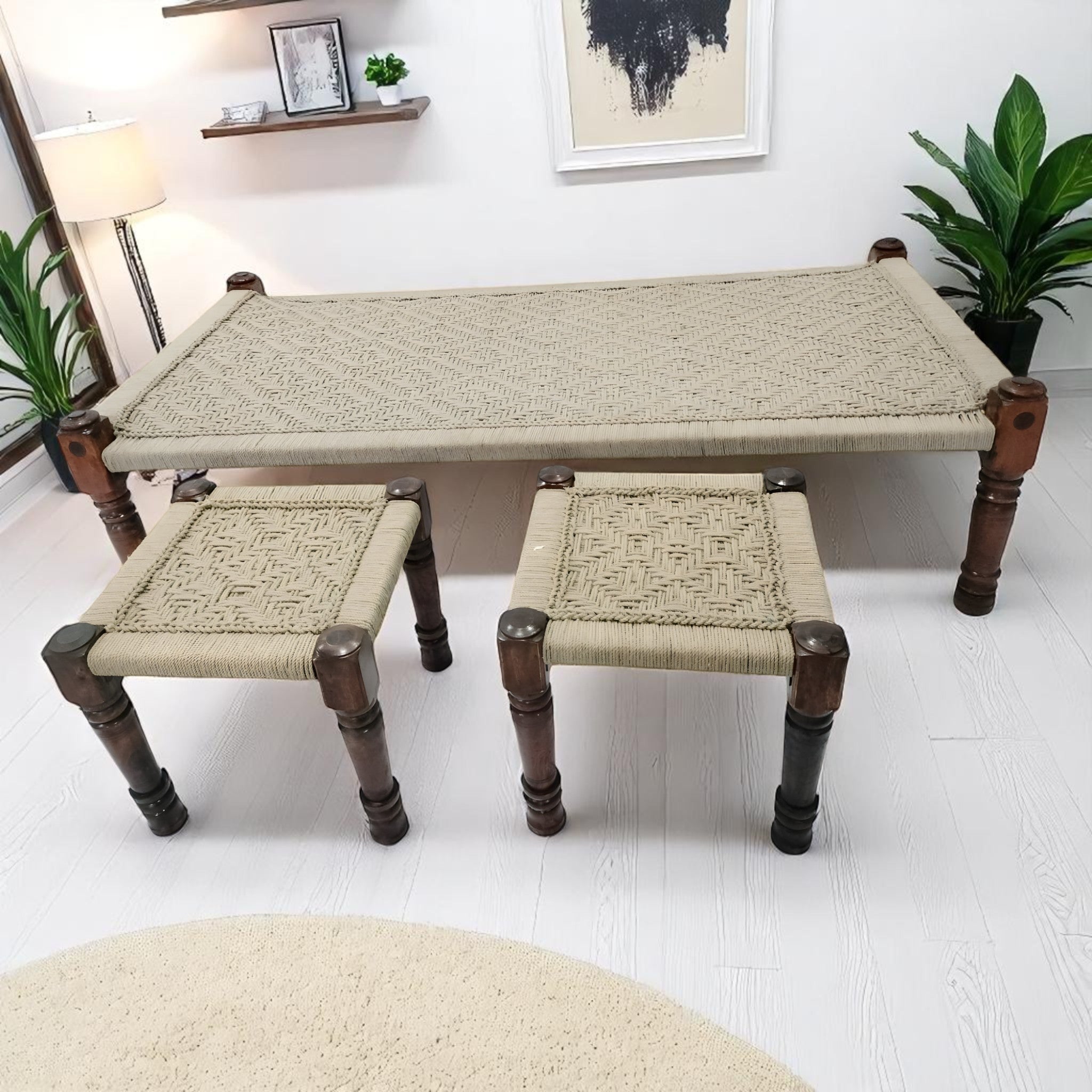 Handwoven Beige Rope Daybed with Sitting Stools