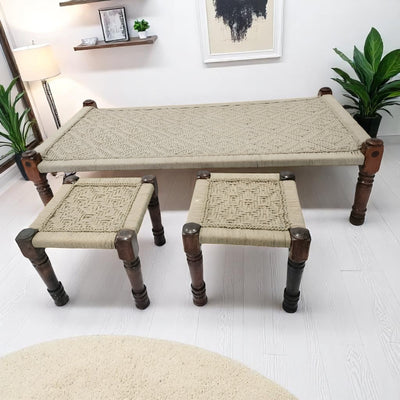 Handwoven Beige Rope Daybed with Sitting Stools