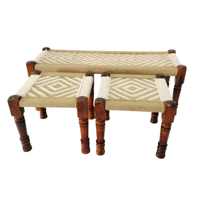 Handwoven Rope Bench with 2 Nested Stools