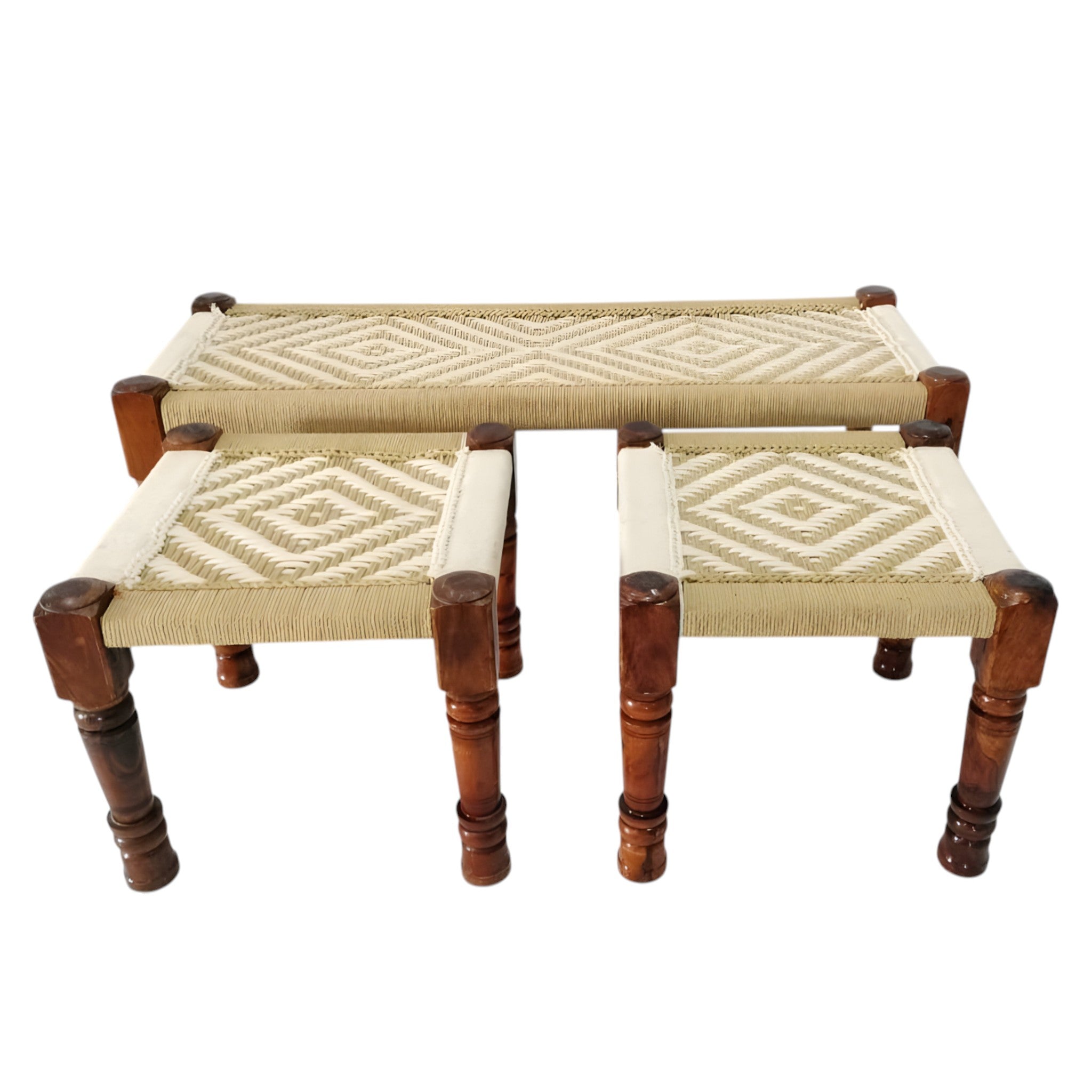 Handwoven Rope Bench with 2 Nested Stools