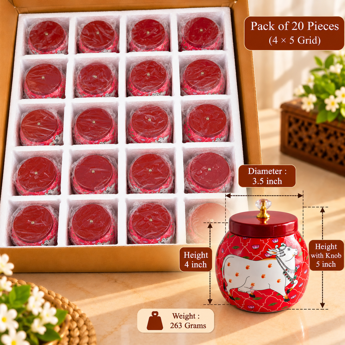 5" Red Pichwai Jar ( Set of 20 )