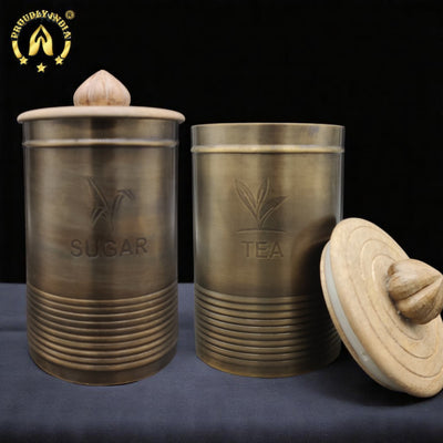 Set of 2 Brass Antique Finish Air Tight Storage Container With Wooden Lid