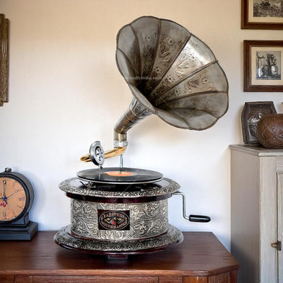 Silver Embossed Round Gramophone with Antique Textured Horn