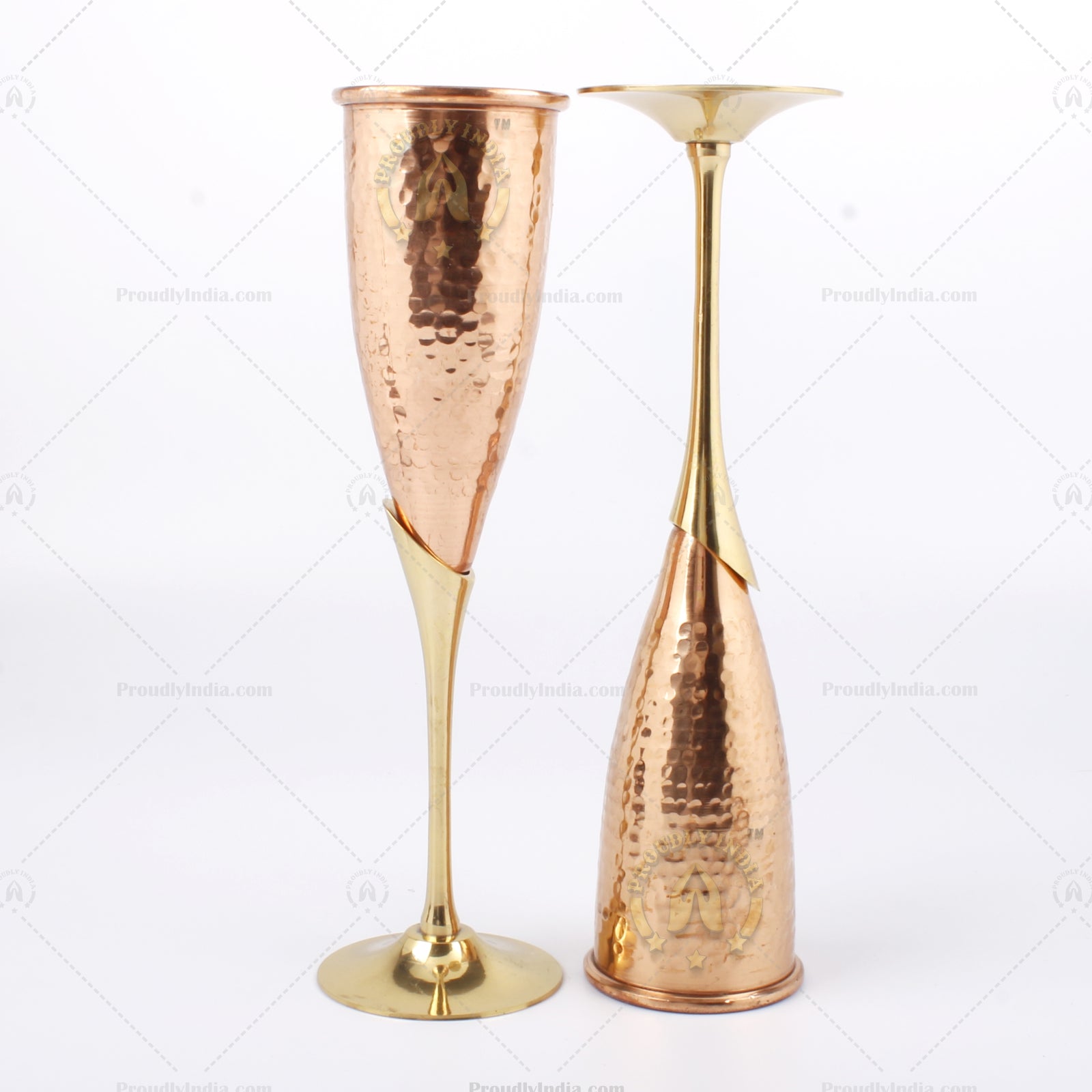 Set of 2 Pure Copper Wine Flutes Glasses With Brass Stand