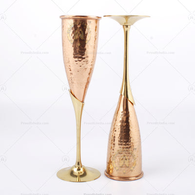 Set of 2 Pure Copper Wine Flutes Glasses With Brass Stand