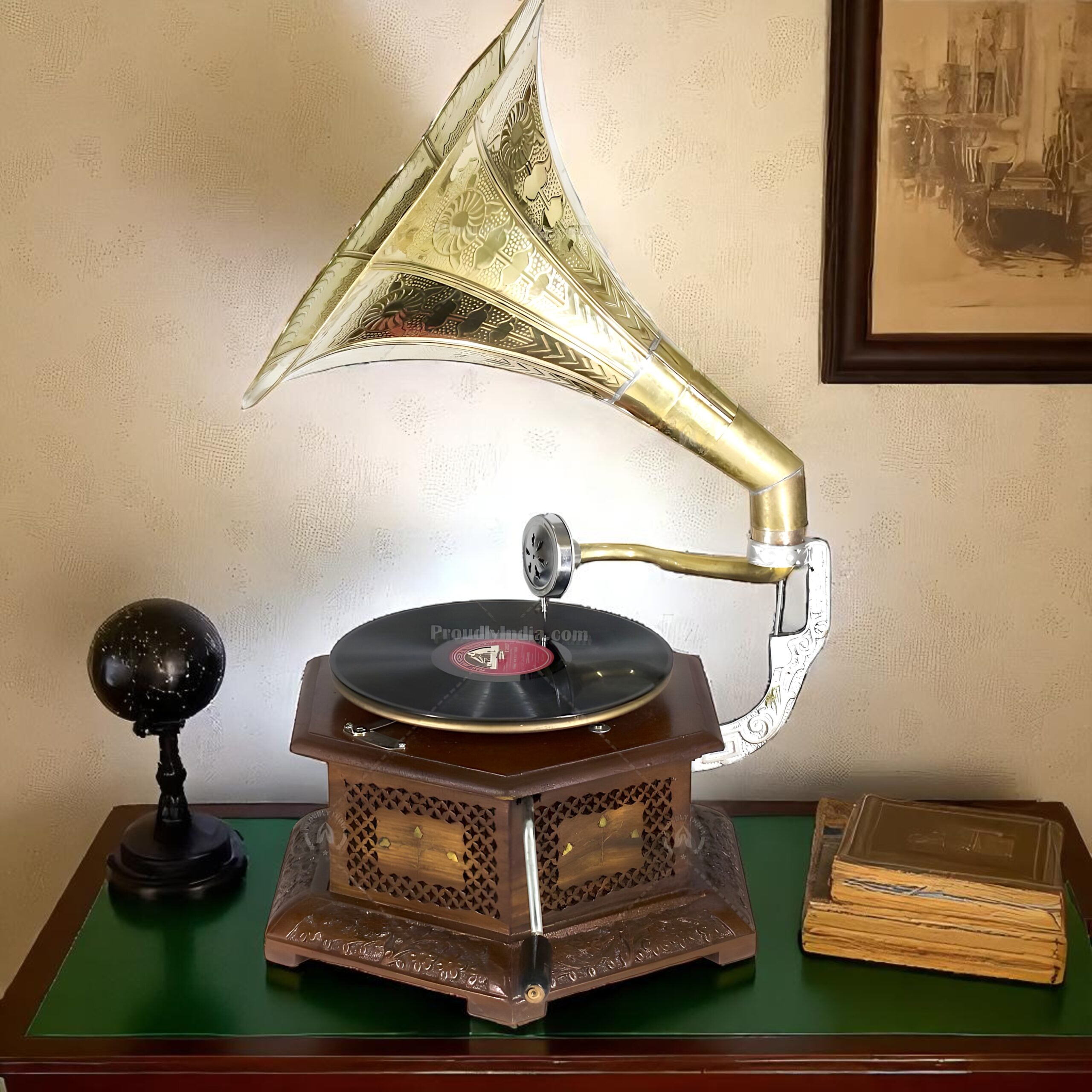 Hexagonal Grill Carved HMV Gramophone With Horn