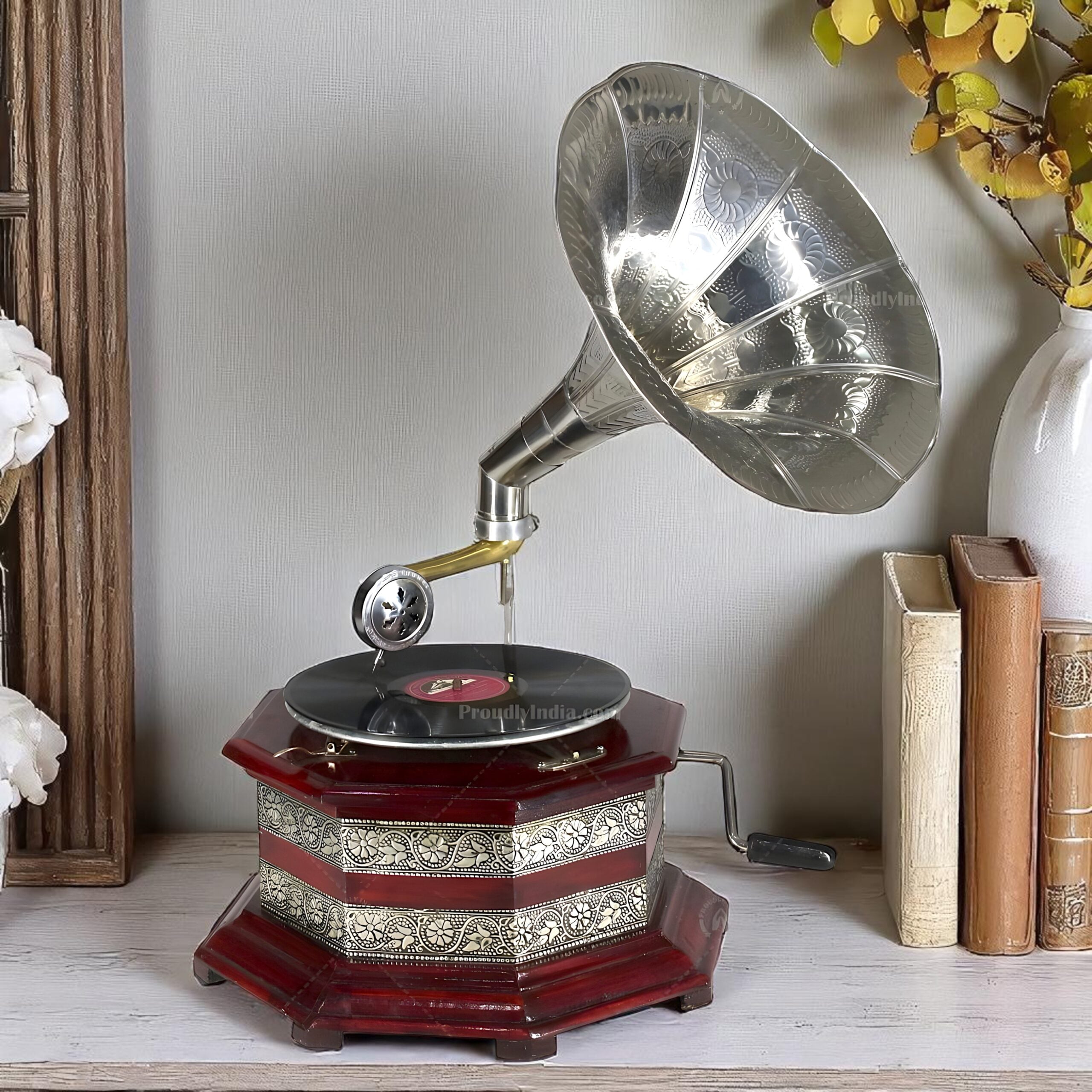 Antique Gramophone Silver Embossed Base With Horn