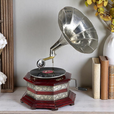 Antique Gramophone Silver Embossed Base With Horn