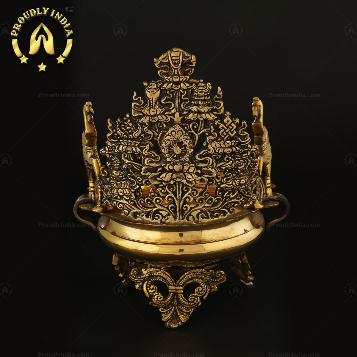 Tibetan Buddhist Ashtamangala Urli In Brass.