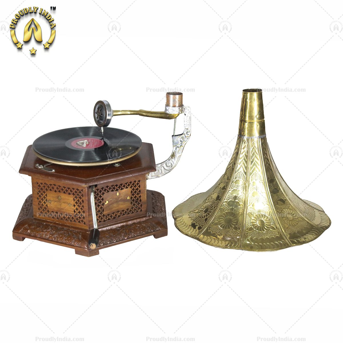 Hexagonal Grill Carved HMV Gramophone With Horn