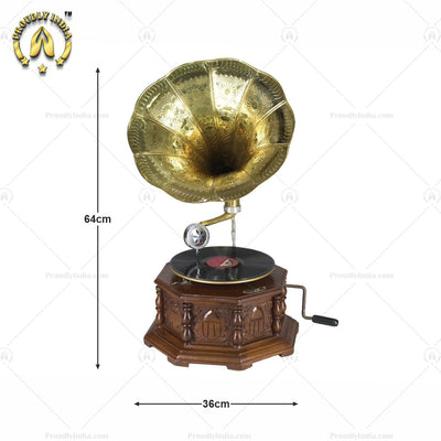 Vintage Music Player Octagon Carved Box With Gold Horn