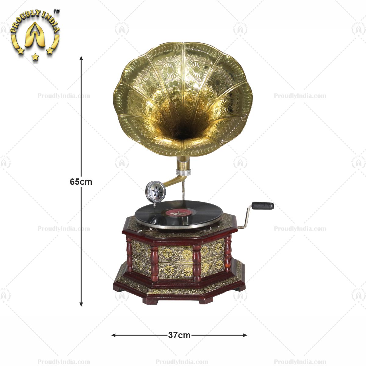 HMV Gramophone With Brass Floral Carving
