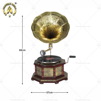 HMV Gramophone With Brass Floral Carving