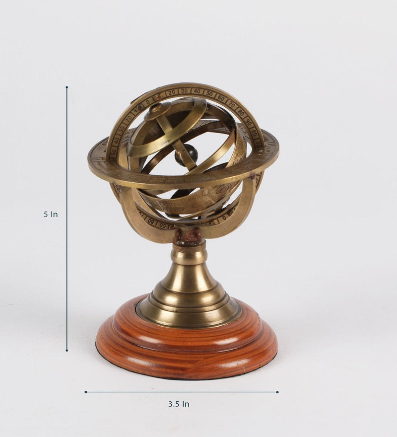 Brass And Wood Zodiac Sphere Show Piece
