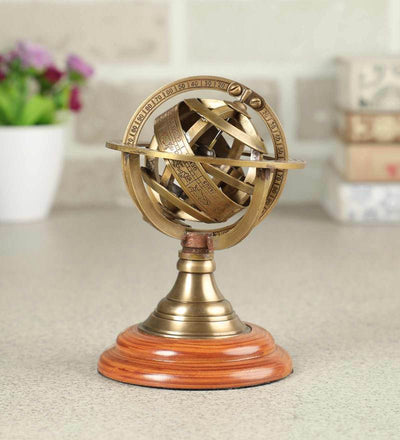 Brass And Wood Zodiac Sphere Show Piece